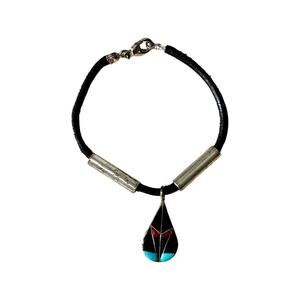 Sterling Onyx Turquoise Coral Native American Bracelet, Vintage Zuni Signed
